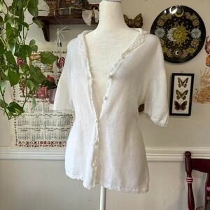 Vintage 90s STUDIO Women's L White Dainty Button Up Lace Crochet Trim Ethereal